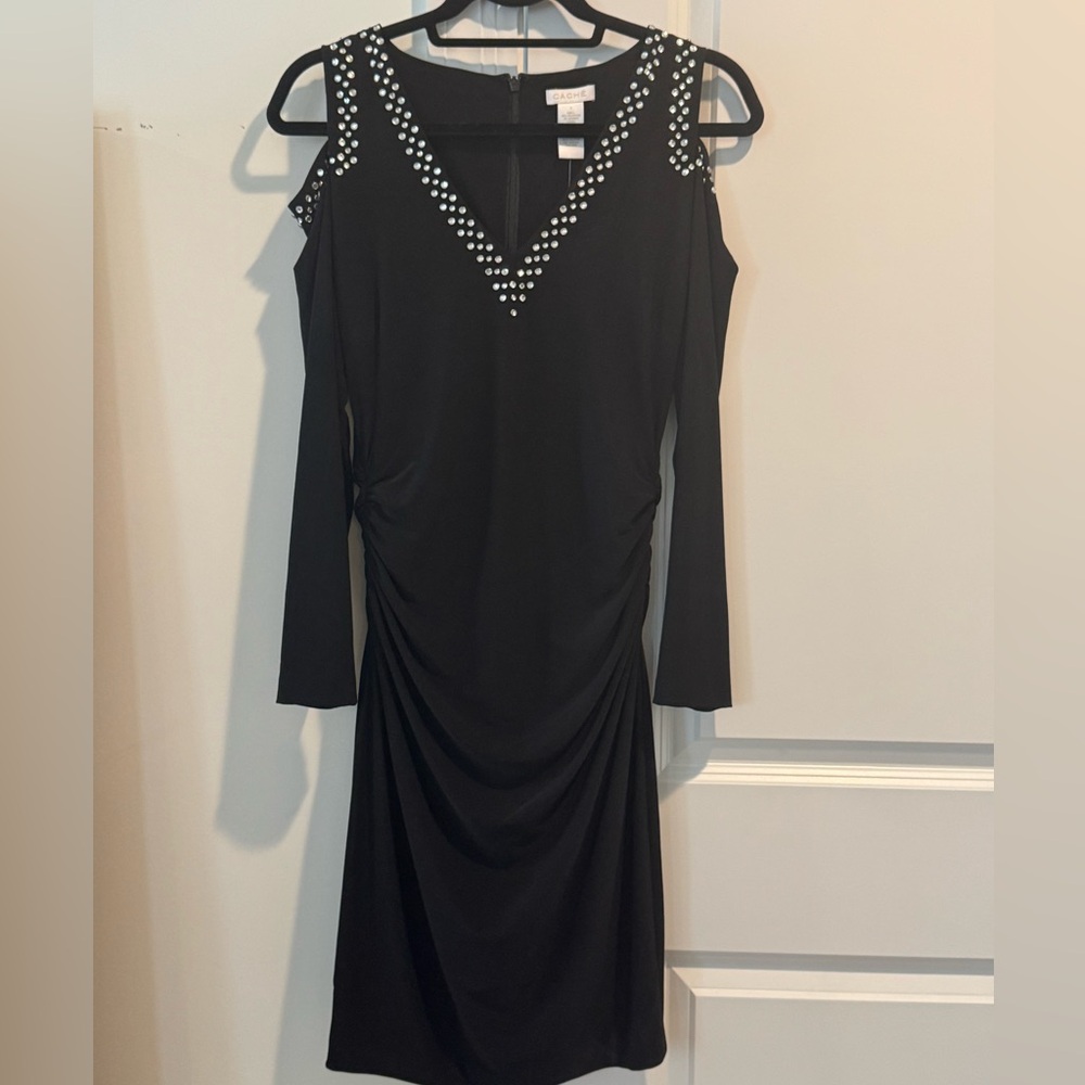 Cache’ Black Cold Shoulder Rhinestone Embellished Ruched Dress